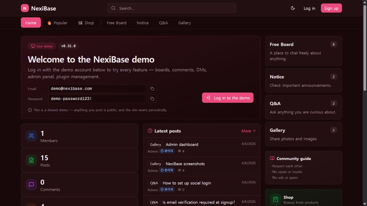 NexiBase Demo Site — Try Every Feature Live 사이트 화면